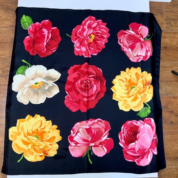 ECHO Large Square Silk Scarf Rose Blossons on Black Background 35" - Picture 13 of 16